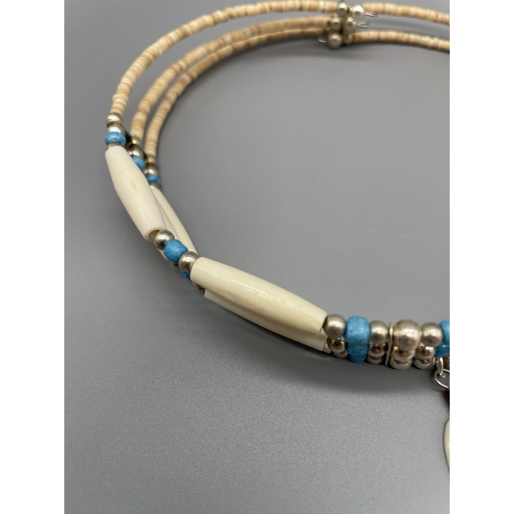 Handmade native necklace cream, turquoise, silver beads with feather - Picture 7 of 10
